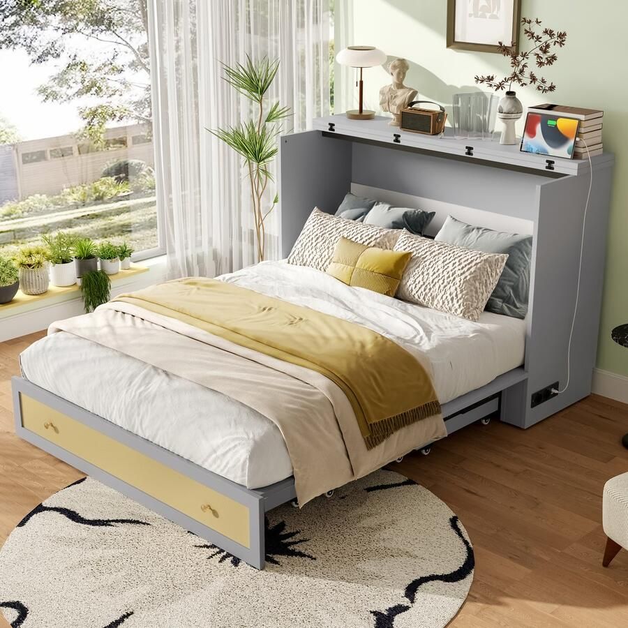 Merax Opklapbed 140 x 200 cm uitneembaar met lades planken met USB en stopcontacten omvormbaar platformbed zonder matras grijs