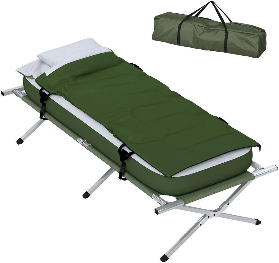 Merax Opvouwbaar Campingbed met Matras Kussen en Draagtas – Outdoor Logeerbed met Stalen Frame – 193 x 86 cm – 120 kg Draagkracht – Oxford Groen