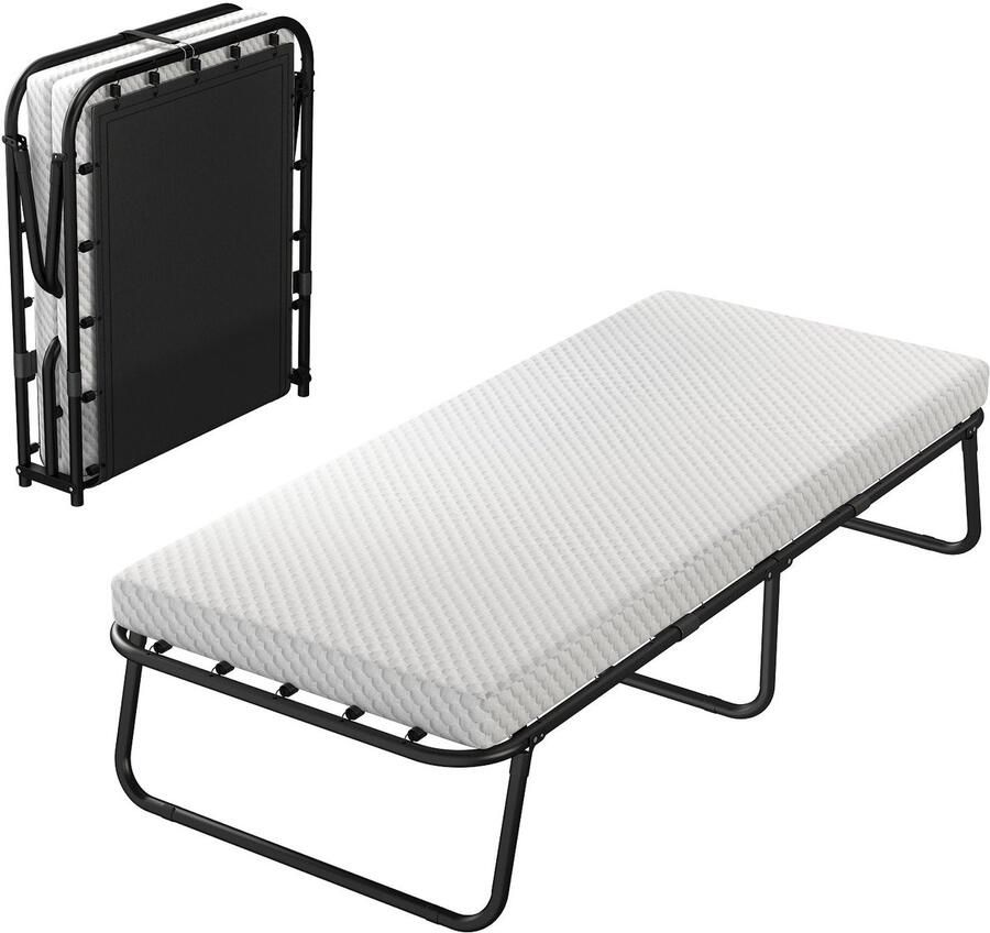 Merax Opvouwbaar Logeerbed 80x190 cm – Metalen Bedframe met Matras – Inklapbaar Bed – Zwart