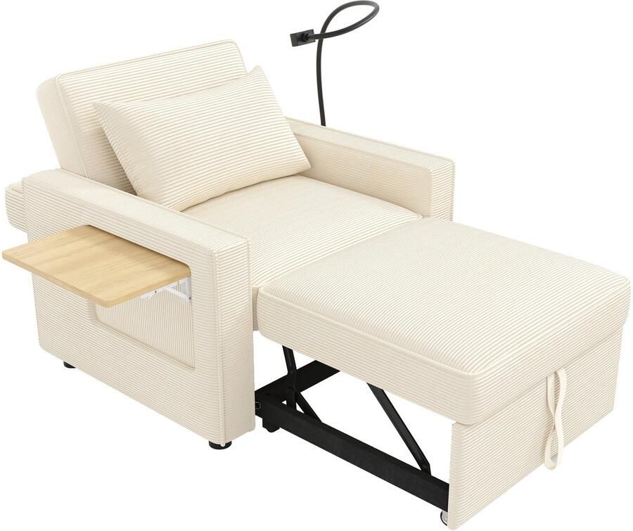 Merax Opvouwbare 1-Zits Slaapbank met USB-Aansluiting en Telefoonhouder – Multifunctionele Relaxstoel met Opbergruimte en Tafeltje – Beige Corduroy Sofa Bed voor Woonkamer of Slaapkamer