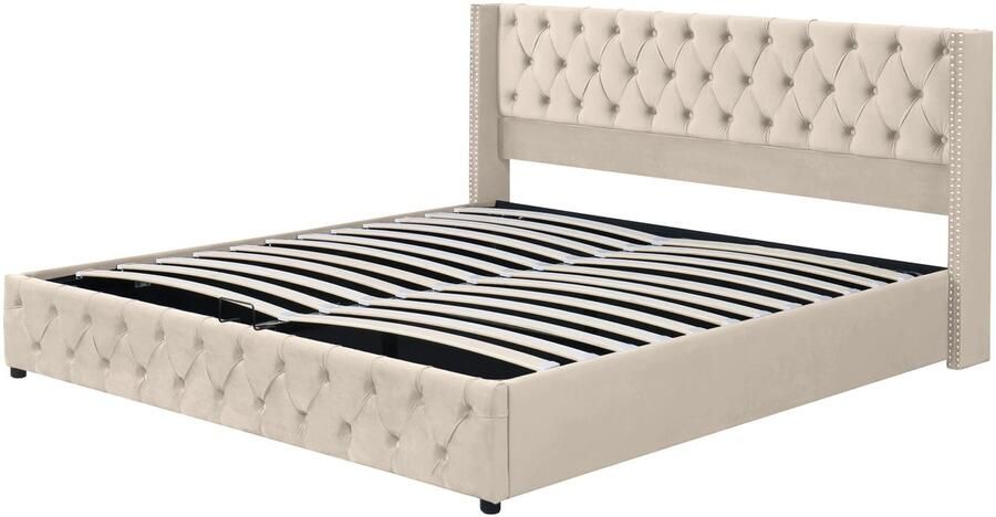 Merax Orenvormig Gestoffeerd bed met veel opbergruimte Tweepersoonsbed 160x200 cm met hydraulische functie Beige