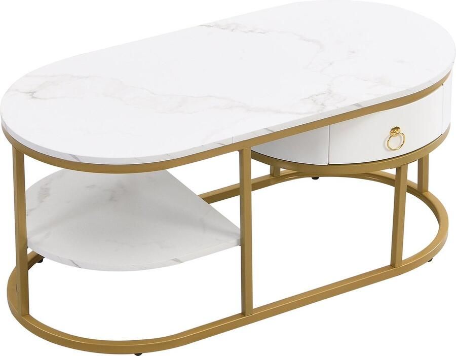 Merax Ovale Salontafel met Marmerlook en Gouden Poten Bijzettafel met Lades en Opbergruimte Wit met Goud