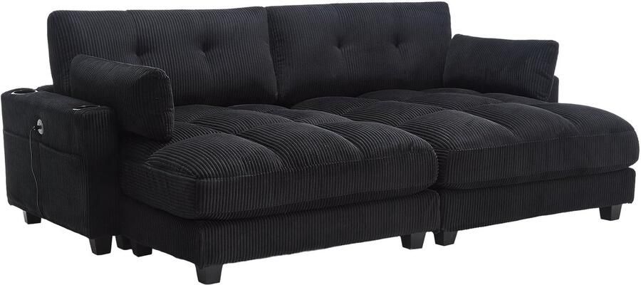 Merax Palmensessel – Luxe Fauteuil van Kordstof met USB Oplaadfunctie – Verstelbare Hoofdsteun – Bekerhouders en Zijvak – Zwart