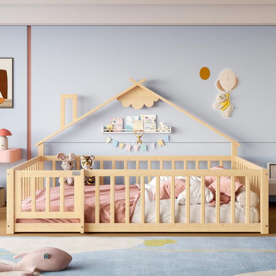 Merax Plat bed 140x190 cm wieg plint met vergrendelbare leuning grenen naturel zonder matras