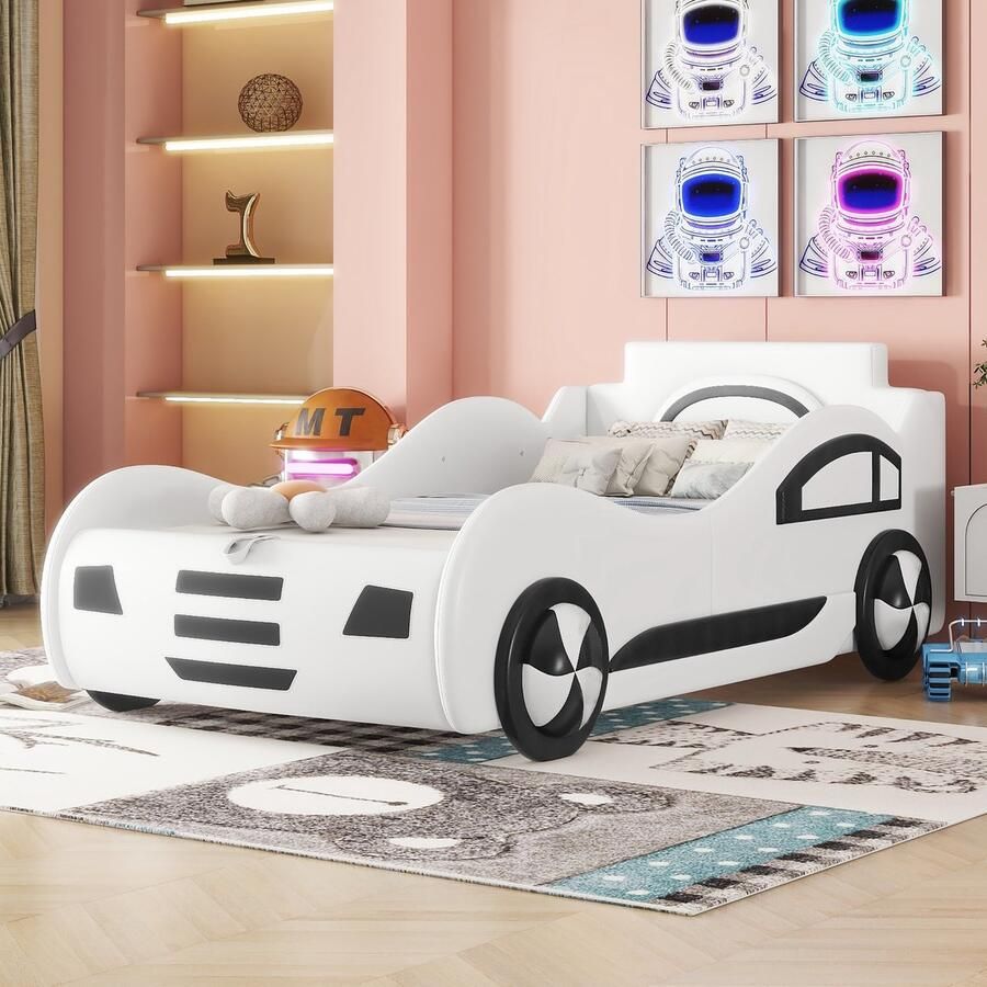 Merax Plat bed 90 x 200cm zonder matras modelautobed autobed kinderbed met opbergruimte onder het bed wit