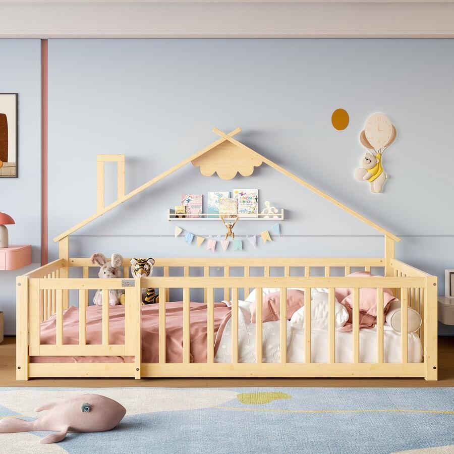 Merax Plat bed Eenpersoonsbed 90x190 cm wieg plint leuning met slot grenen naturel zonder matras