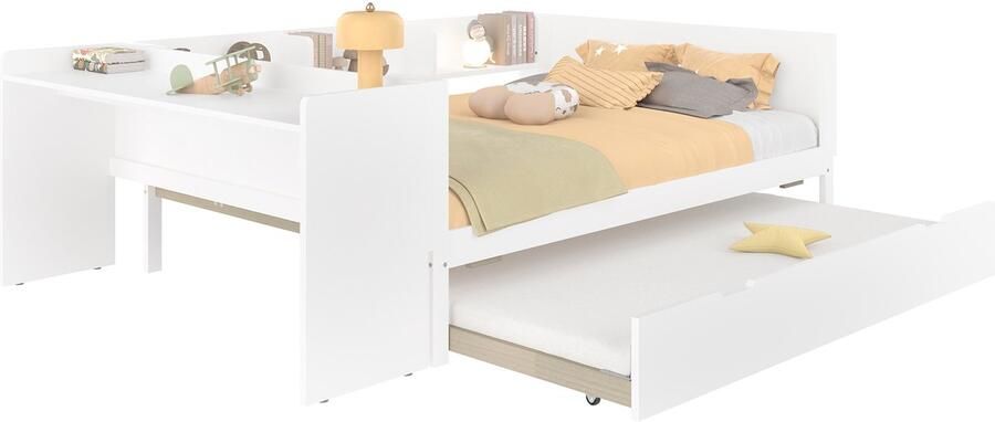 Merax Plat bed houten bed 140x200cm met bureau met opklapbed tweepersoonsbed zonder matras grenen spaanplaat wit