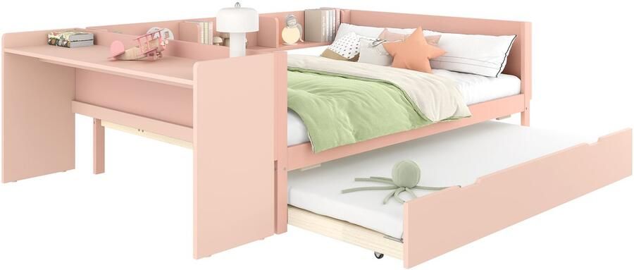 Merax Plat bed houten bed 140x200cm met bureau met uitschuifbed tweepersoonsbed zonder matras grenen spaanplaat roze