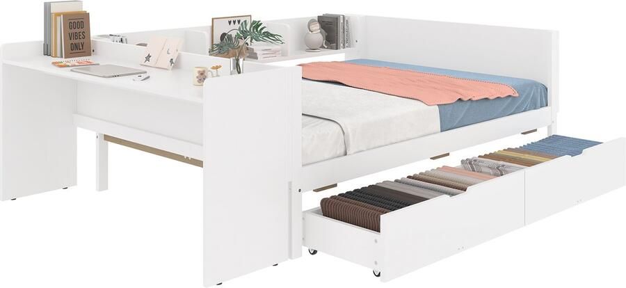 Merax Plat bed houten bed 140x200cm met bureau voorzien van 2 lades tweepersoonsbed zonder matras grenen spaanplaat wit