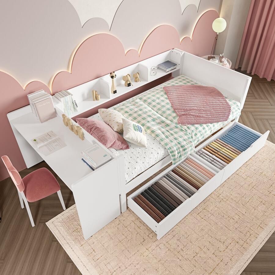 Merax Plat bed houten bed 90x200cm met bureau voorzien van 2 lades eenpersoonsbed zonder matras grenen spaanplaat wit