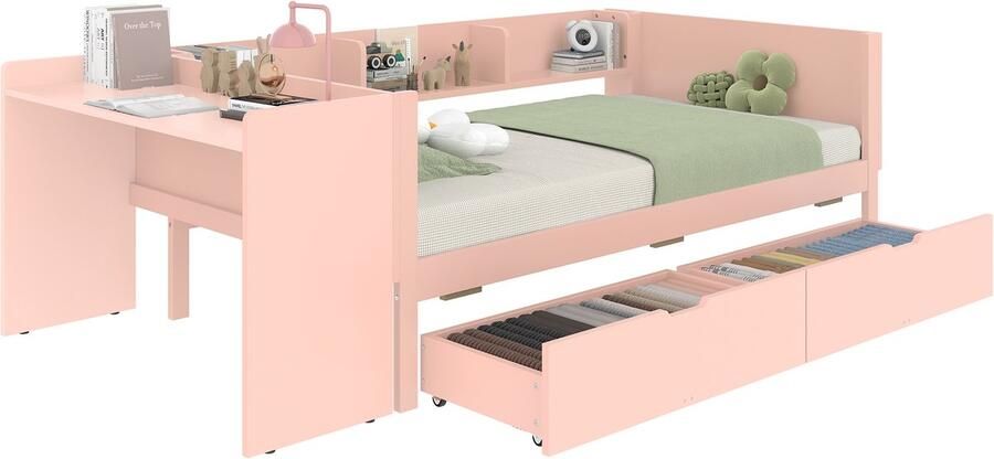 Merax Plat bed houten bed 90x200cm met bureau voorzien van 2 lades eenpersoonsbed zonder matras grenen spaanplaat roze