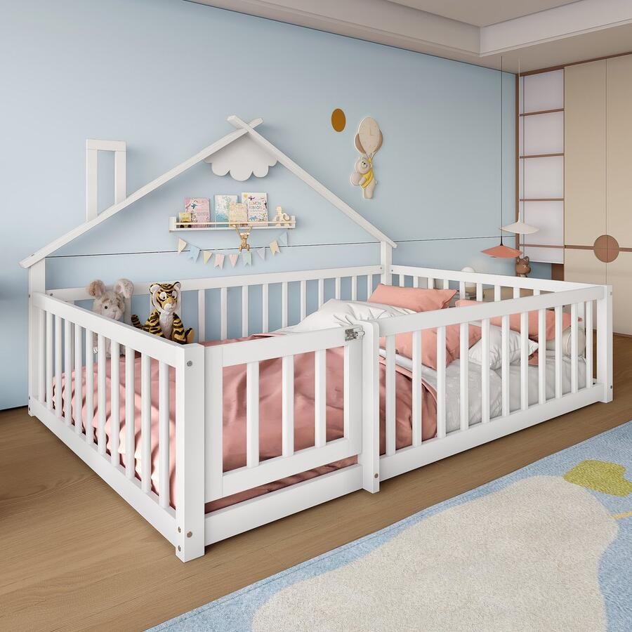 Merax Plat bed Tweepersoonsbed 140x190 cm Wieg Plint Afsluitbare leuning Grenen Wit zonder matras