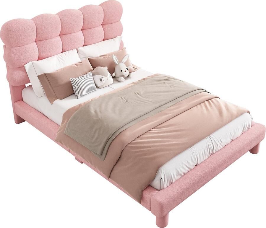 Merax Pluche Gestoffeerd Bed 140x200 cm met Verstelbaar Hoofdbord Luxe Velvet Tweepersoonsbed Roze