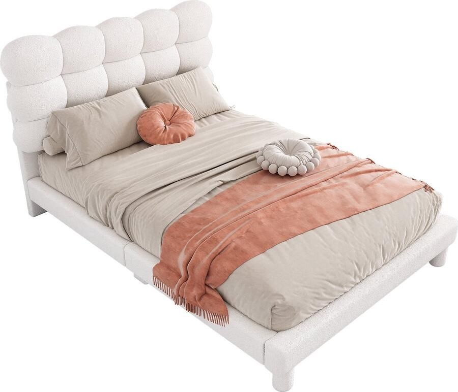 Merax Pluche Gestoffeerd Bed 140x200 cm met Verstelbaar Hoofdbord Luxe Velvet Tweepersoonsbed Wit