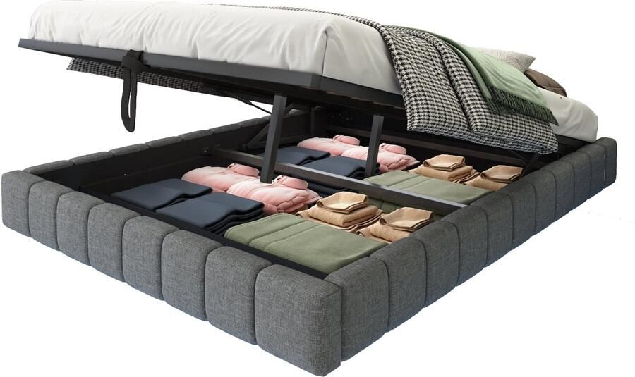 Merax Polsterbed 140x200 cm Hydraulische Opbergruimte LED-verlichting Zwevend Design Linnen Grijs Zonder Hoofdbord