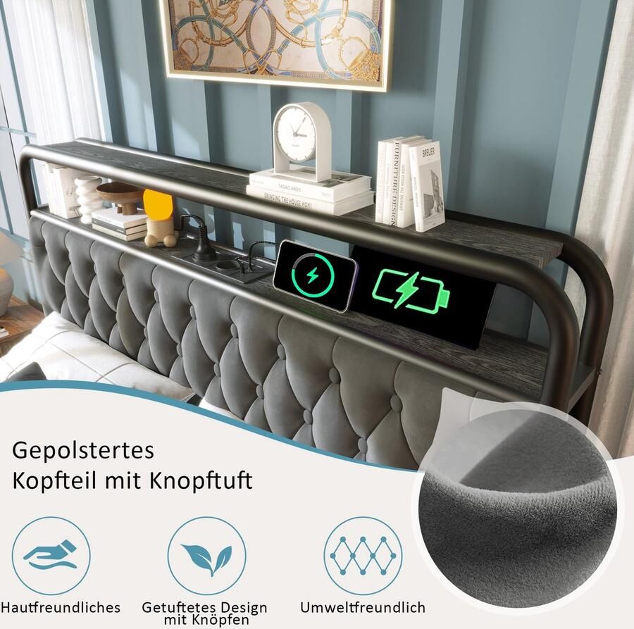 Merax Boxspring Bed 160x200 cm met USB-C Oplaadfunctie – App-Control LED Verlichting – Metalen Bedframe & 4 Opberglades – Grijs (Excl. Matras) - Foto 2