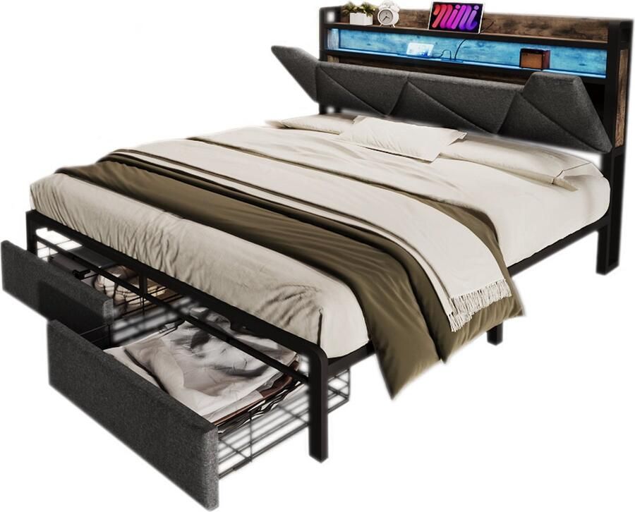 Merax Queensize Tweepersoonsbed 160x200 cm met Koudschuim Matras Bedframe met Opslagruimte in Hoofdbord en Lades Luxe Bed met LED-Verlichting en USB-C Aansluiting Grijs