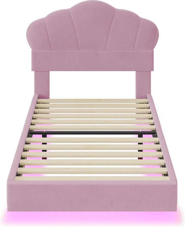 Merax Gestoffeerd Eenpersoonsbed 90 x 200 cm met LED Verlichting Wolkenvormig Hoofdbord Verborgen Voeteneind Kinderbed Jongens- en Meisjesbed Jeugdbed Velvet Stof Roze (zonder Matras)