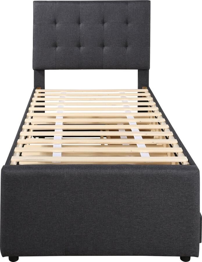 Merax gestoffeerd bed 90x200 cm – Multifunctioneel Bed met Verstelbaar Hoofdbord Drie Lades en Uitklapbaar Bed – Grijs Linnen