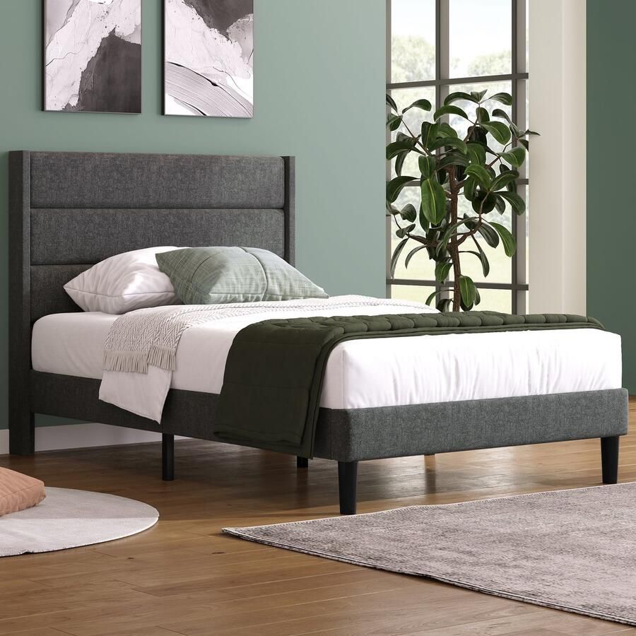 Merax Polsterbed 90x200cm Gepolst kopstuk linnen grijs modern design (zonder matras)