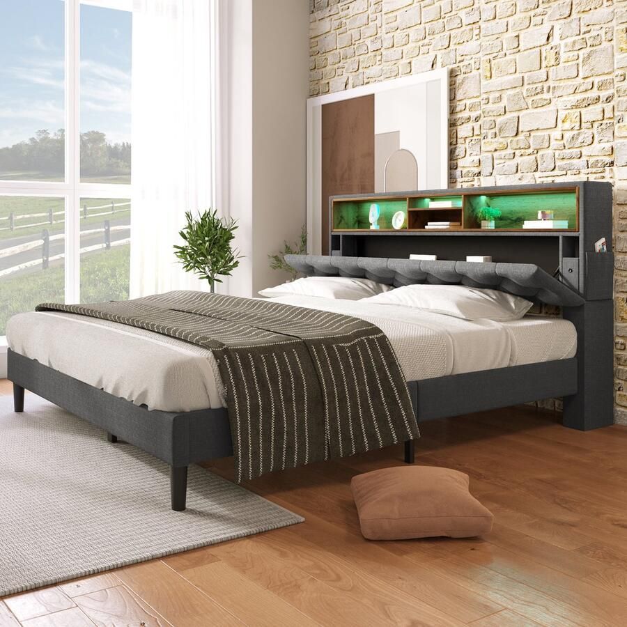 Merax Polsterbed Dubbelbed 140x200cm Opbergkopboard LED-verlichting houten lattenbodem (zonder matras)