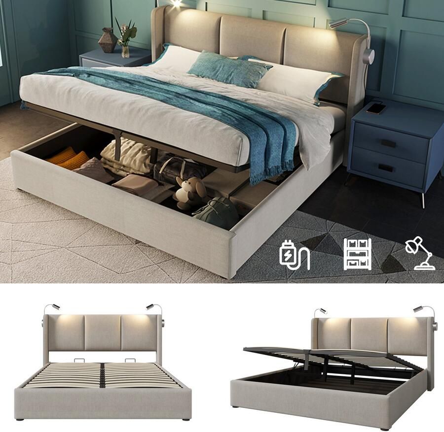 Merax Polsterbed Dubbelbed 140x200cm Opbergruimte USB leeslamp linnen lattenbodem (zonder matras)