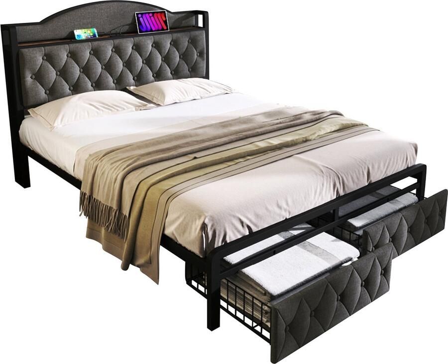 Merax Gestoffeerd Tweepersoonsbed met USB Type-C Ladefunctie en Opberglades Tweepersoonsbed 140x200 Bedframe met Metalen Lattenbodem Grijs (Zonder Matras)