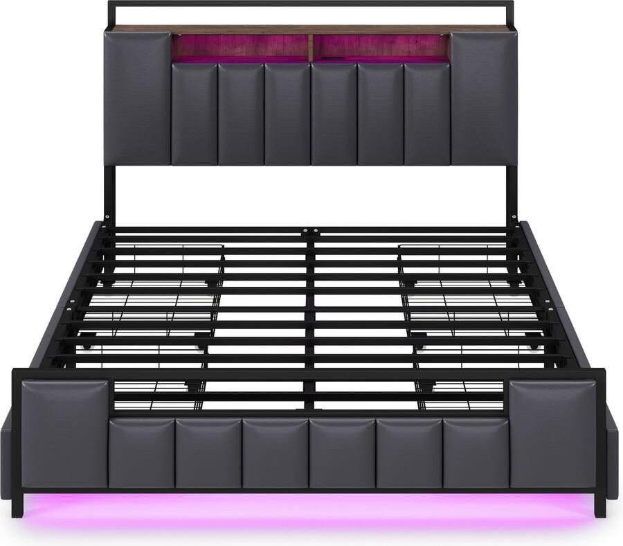 Merax Polsterbett 140*200 cm Multifunktionsbett mit LED-Licht mit USB-Steckdose mit Schubladen Bettgestell aus massivem Eisen Jugendbett Erwachsenenbett Doppelbett Kunstleder Grau