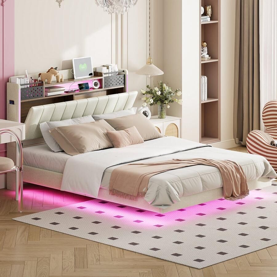 Merax Polsterbett 140*200 mit LED-Beleuchtung und USB-Steckdose Kopfteil mit Stauraum Schwebebett Jugendbett Erwachsenenbett Leinenstoff Beige