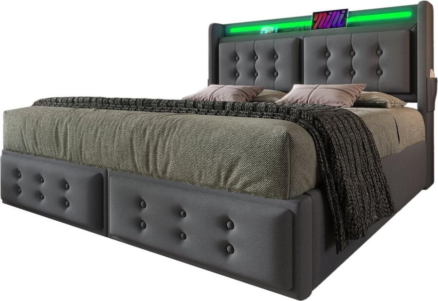Merax Polsterbett 180x200 Doppelbett mit Led-Kopfteil und USB C Ladefunktion Hydraulisches Bett mit Lattenrost aus Holz und Metallrahmen Belastbarkeit 300 kg Grau Baumwolle(Ohne Matratze)