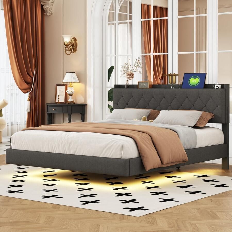 Merax Polsterbett 160*200 cm mit USB-Ladeanschluss und LED-Farbwechsel-Lichtleiste Doppelbett in hautfreundlichem Leinenstoff mit Lattenrost grau