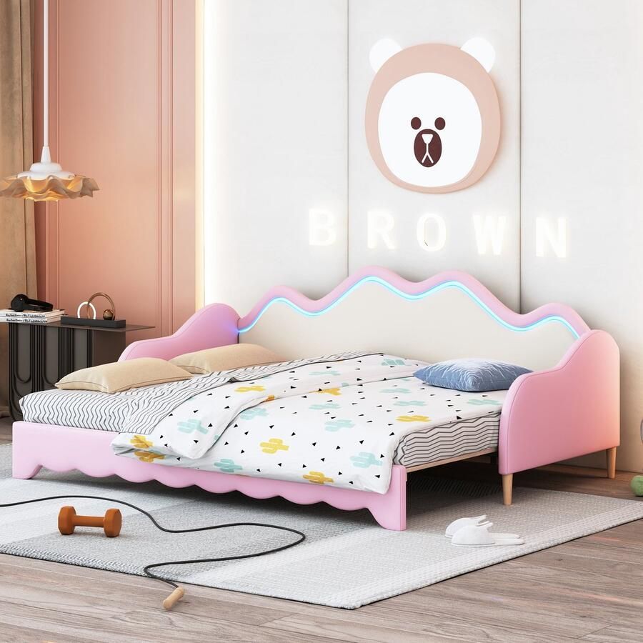 Merax Gestoffeerd Kinderbed 90(180) x 190 cm – 2-in-1 Multifunctioneel Slaapbank – Kunstleer Bed met LED-verlichting en Lattenbodem – Roze