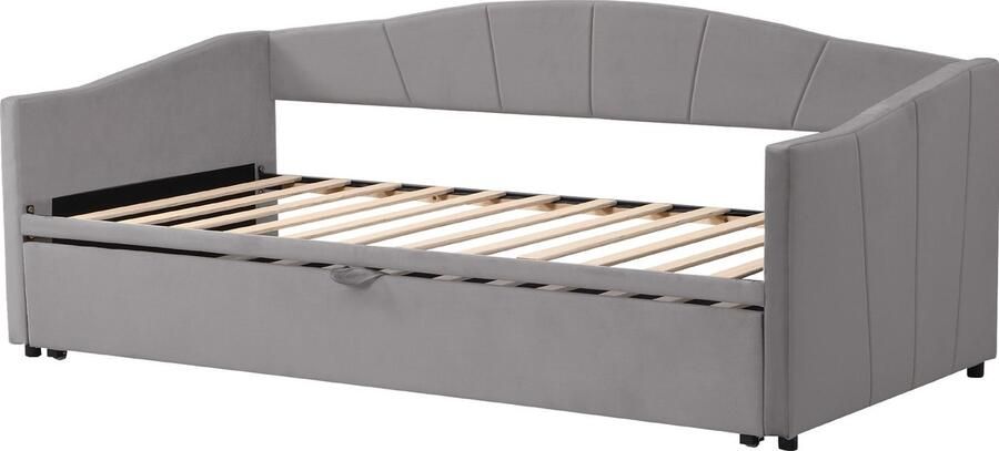 Merax Polsterbett Ausziehbares Schlafsofa 90 180*200 cm mit Lattenrosten Multifunktionsbett aus hautfreundlichem Samtstoff Grau