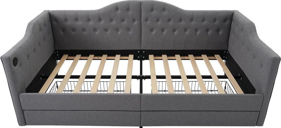 Merax Polsterbett Daybett Schlafsofa Stauraumbetten Bettgestell mit USB Type C Ladefunktion und 2 Schubladen 90x190cm in Grau Linen (Ohne Matratze) - Foto 2