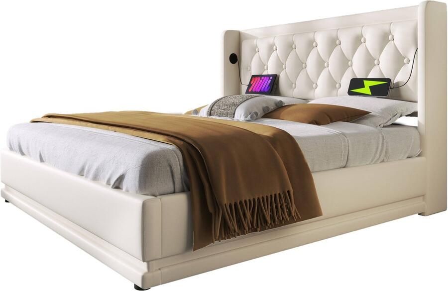 Merax Polsterbett Doppelbett 140*200 cm Weiß PU-Material Hydraulisches Stauraumbett gepolstertes Kopfteil mit USB Typ-C Ladefunktion 3-seitige LED-Funktion(Ohne Matratze)
