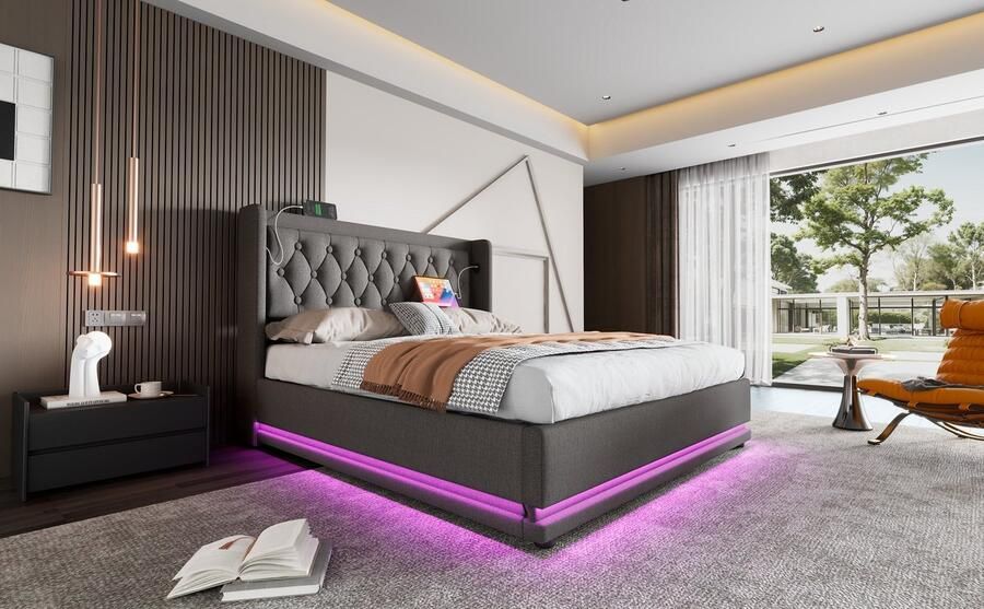 Merax Polsterbett Doppelbett 180*200 cm Grau Baumwolle-Material Hydraulisches Stauraumbett gepolstertes Kopfteil mit USB Typ-C Ladefunktion 3-seitige LED-Funktion(Ohne Matratze)