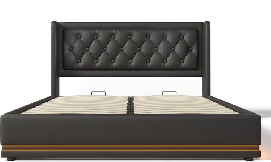Merax 140x200 cm Hydraulisch Opbergbed Zwart PU-Leder Gestoffeerd Bed met LED-verlichting en USB Type-C Oplaadfunctie (Zonder Matras)
