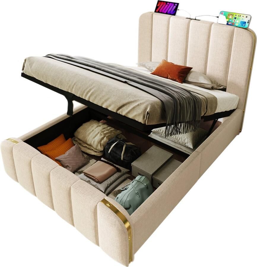 Merax Polsterbett Einzelbett gepolstertes Kopfteil mit goldenen Zierstreifen und USB Typ-C Ladefunktion 90*200 cm Beige Leinen-Material Hydraulisches Lagerbett (Mit Matratze)