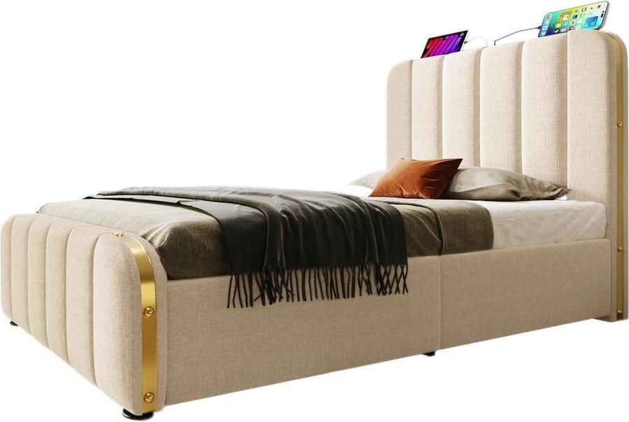 Merax Polsterbett Einzelbett gepolstertes Kopfteil mit goldenen Zierstreifen und USB Typ-C Ladefunktion 90*200 cm Beige Leinen-Material Hydraulisches Lagerbett (Ohne Matratze)