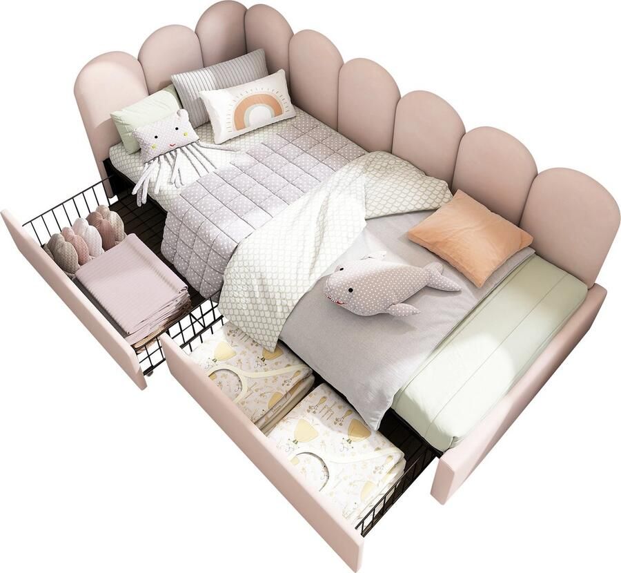 Merax Polsterbett Einzelbett mit Schubladen Stauraumbett Samt Daybett Tagesbett Schlafsofa 90x190cm mit Lattenrost Jugendbett und Erwachsene Kinderbett Rosa(Ohne Matratze)