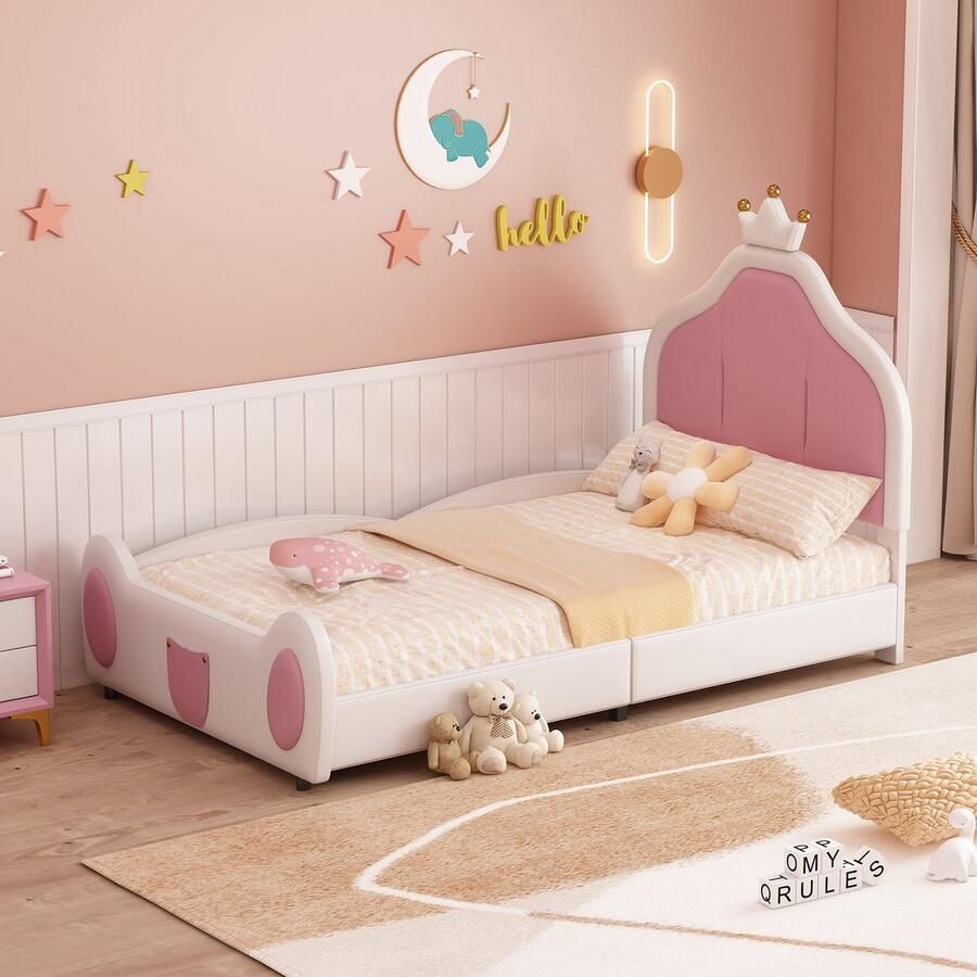 Merax Polsterbett Kinderbett 90*200 cm Kopfteil mit Kranzleiste kindliche Leistengestaltung am Kopf- und Fußende des Bettes zweifarbiges Patchwork-Design Kunstlederstoff Weiß