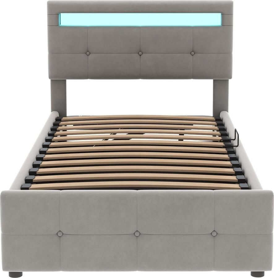 Merax Polsterbett Kinderbett 90x200 cm Mit LED-Beleuchtung Hydraulisches Stauraumbett Höhenverstellbares Kopfteil Einzel-Hochboxbett Samtstoff Grau