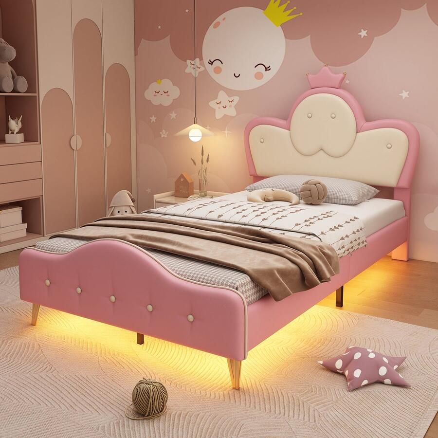 Merax Polsterbett Kinderbett mit weichen Schutzkanten Monochromer LED-Streifen Kopfteil mit Krone Bettfüße aus Metall Wellenform mit Zugpunkt am Kopfende des Bettes Einzelbett PU Rosa+Weiß 90x200CM