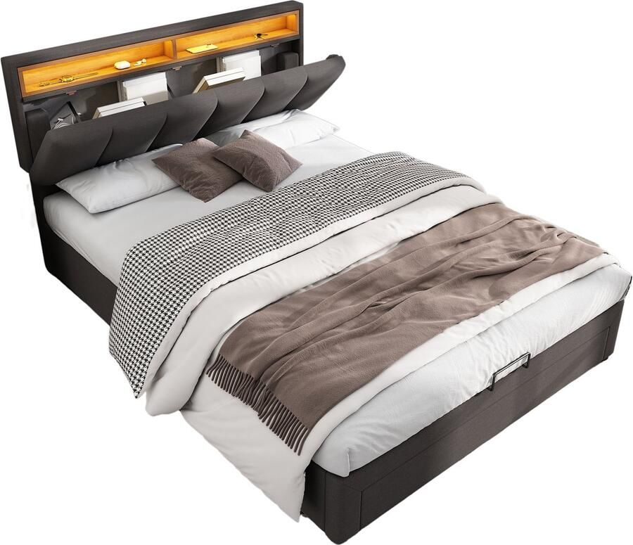 Merax Polsterbett mit LED-Beleuchtung Hydraulisch Stauraumbett mit Bettkasten Schubladen und Staufächer Verstaubares Kopfteil aus Schaum Doppelbett aus Stahlrahmen Leinen 140*200cm grau