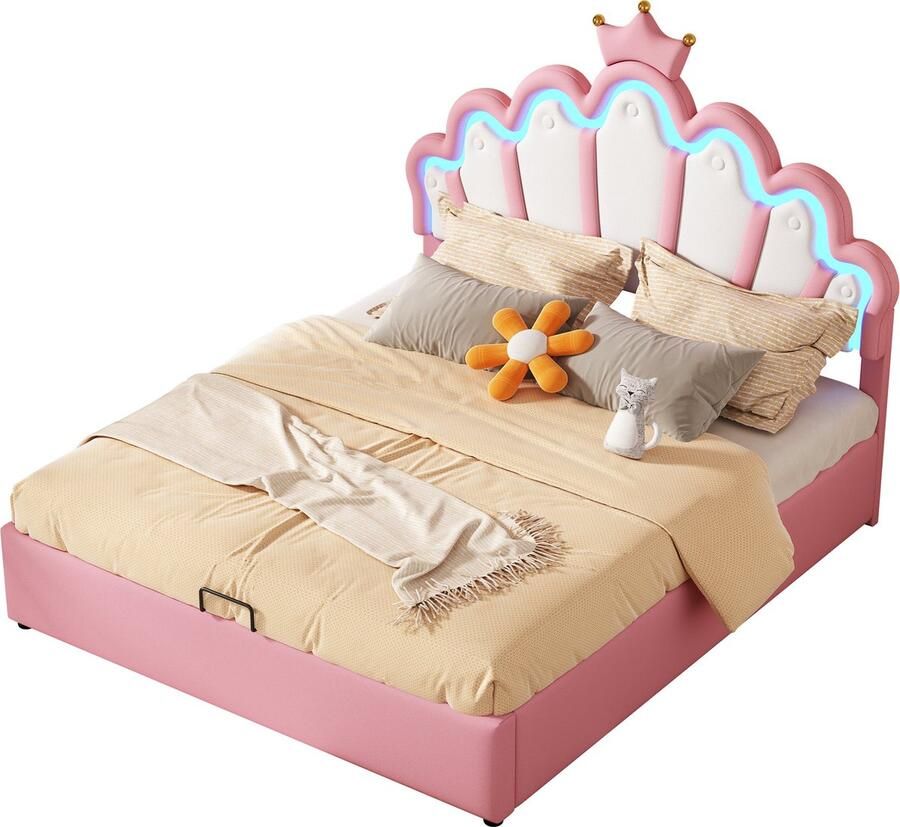 Merax Prinsessen Bed 140x200 cm Tweepersoonsbed met Verstelbare LED Verlichting Hoofdbord met Kroon en Hydraulisch Opbergruimte Roze Kunstleer - Foto 2