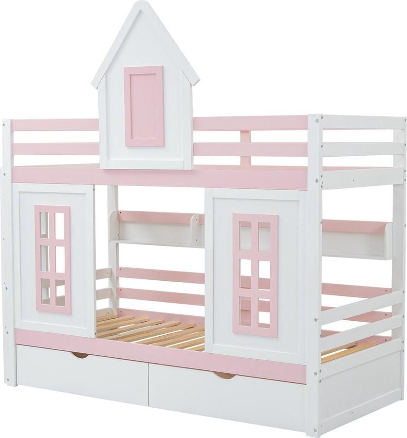 Merax Prinsessen Stapelbed 90x200 cm Kinderbed met Dak Raam Valbescherming 2 Schuiflades en Open Rek Wit met Roze Accenten - Foto 2