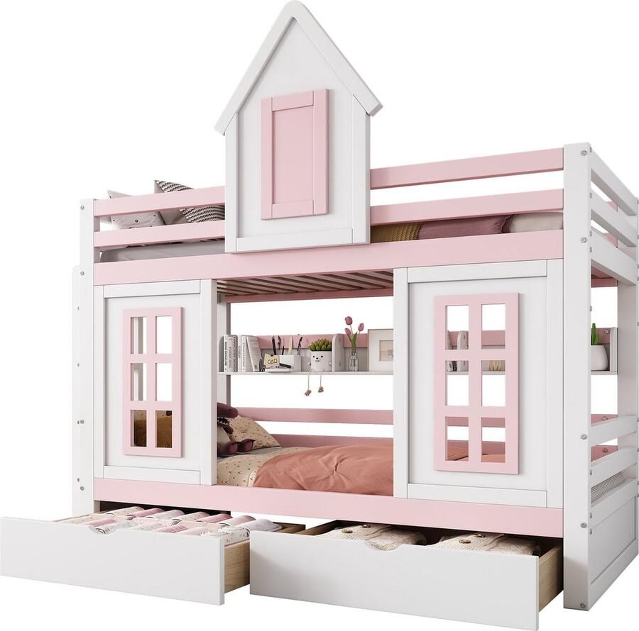 Merax Prinsessen Stapelbed 90x200 cm Kinderbed met Dak Raam Valbescherming 2 Schuiflades en Open Rek Wit met Roze Accenten