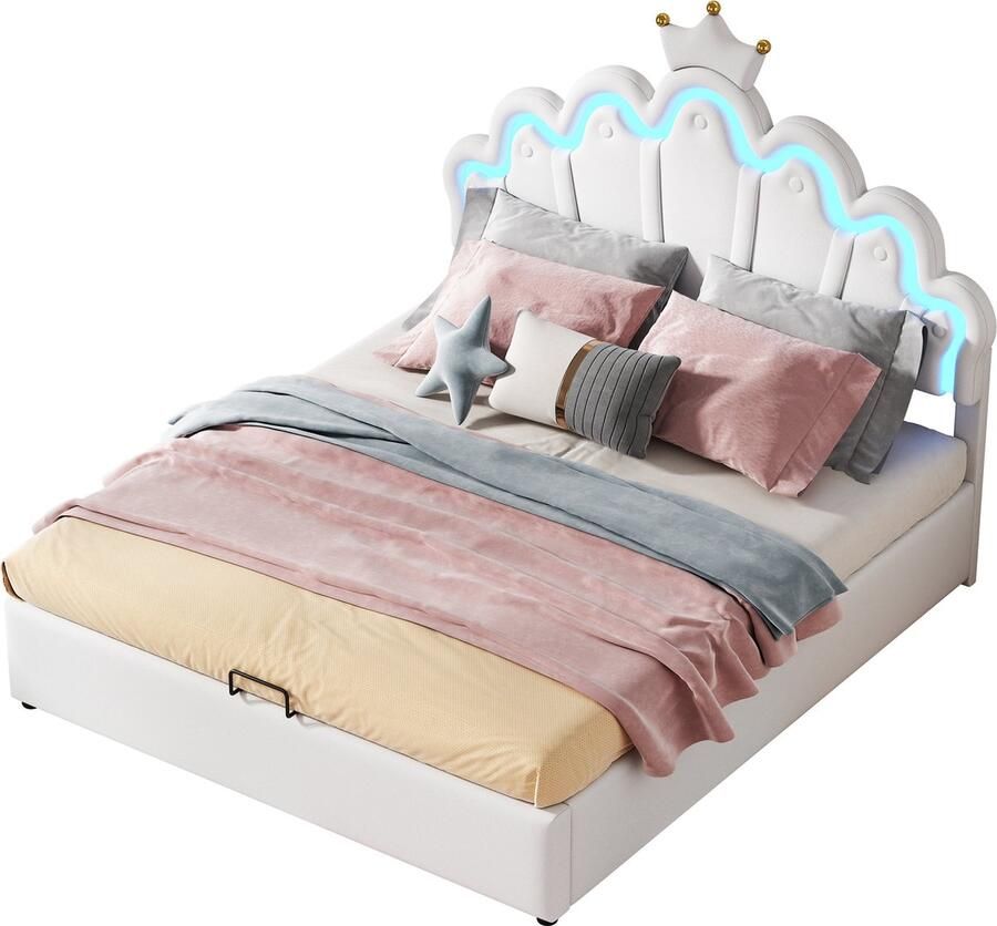 Merax Prinsessenbed 140x200 cm met Hydraulische Opbergruimte – Wit Kunstleer – Gestoffeerd Bed met Kroondecoratie en LED-Verlichting – Inclusief Lattenbodem