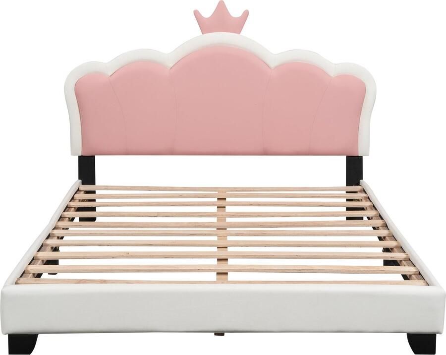 Merax Prinsessenbed 140x200 cm met Kroon op Hoofdbord Kunstleer Gestoffeerd Tweepersoonsbed Kinderbed Wit met Roze