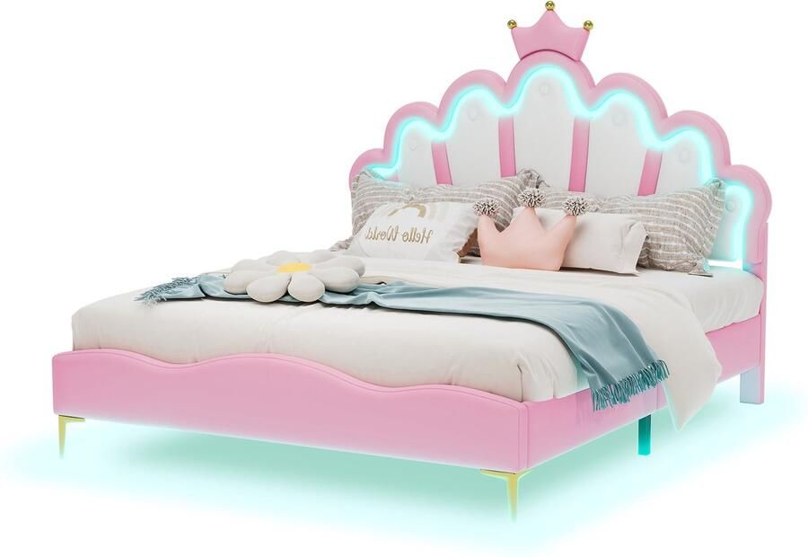 Merax Prinsessenbed 140x200 cm met Kroon Kunstleer Gestoffeerd Tweepersoonsbed met Verstelbare LED Verlichting Roze